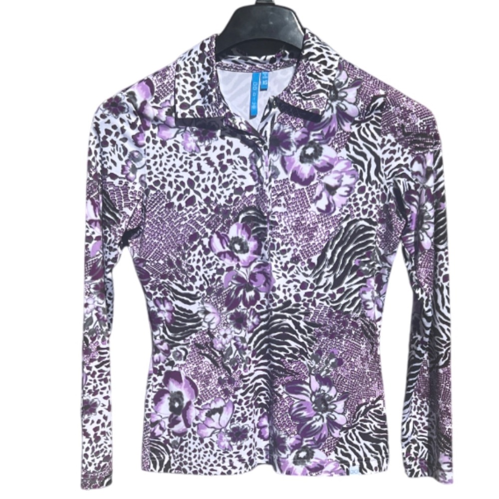 GG Blue Long Sleeved Golf Top Purple Animal Print Collar Snap Down Front XS
